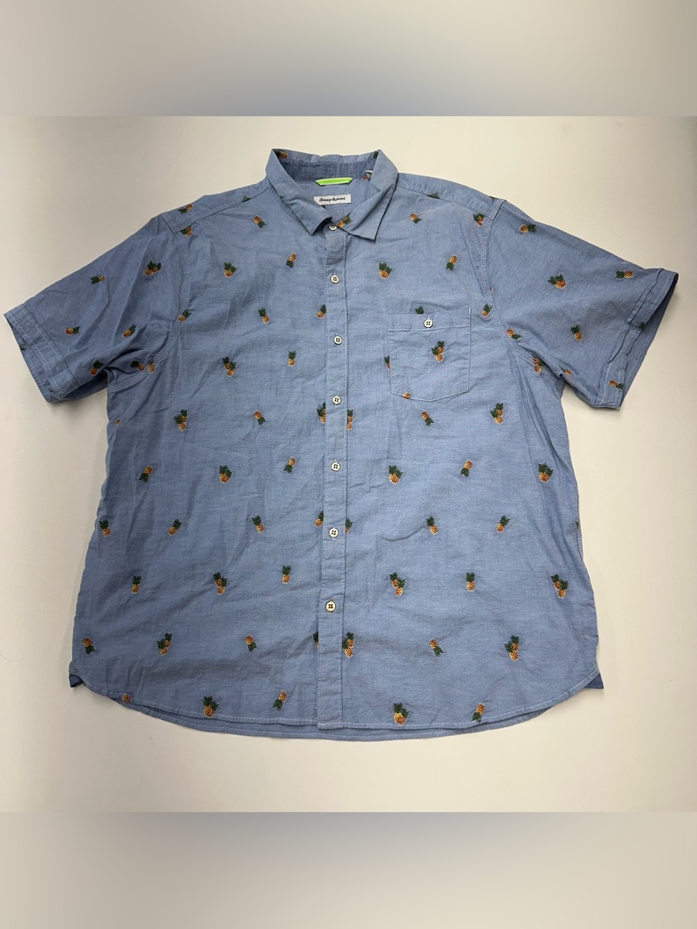 Tommy Bahama Hawaiian Button Up Shirt Mens 2XL Embroidered Pineapple AOP Blue